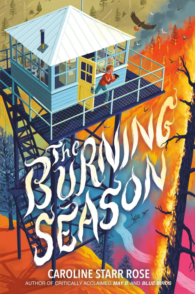 Illustration of a young girl in a fire watch tower amid growing flames.